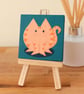 Ginger Cat Miniature Painting - original art on teal mini canvas, cat lover gift
