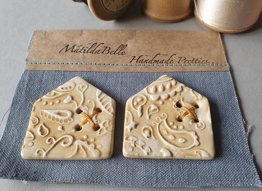 Set of Two Handmade Ceramic Paisley House Buttons