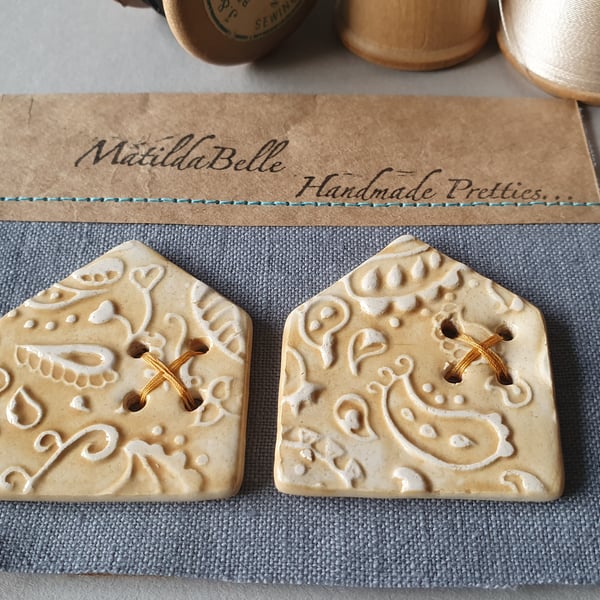 Set of Two Handmade Ceramic Paisley House Buttons