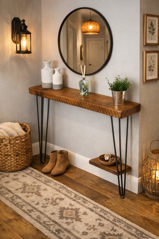 Rustic Solid Wooden Narrow Hallway Entrance Table with Metal Hairpin Legs