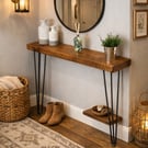 Rustic Solid Wooden Narrow Hallway Entrance Table with Metal Hairpin Legs