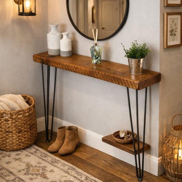 Rustic Solid Wooden Narrow Hallway Entrance Table with Metal Hairpin Legs