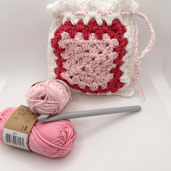   Crochet Drawstring  Bag Perfect for Gifts and Storage in Pink, Raspberry,White