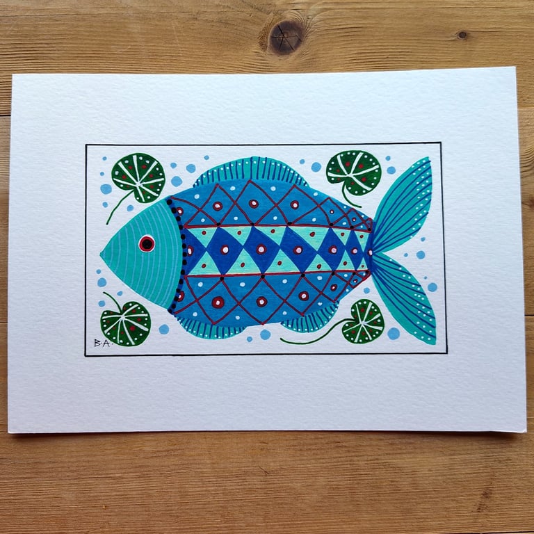 A5 colourful fish painting folk art original wall art blue fish artwork seaside