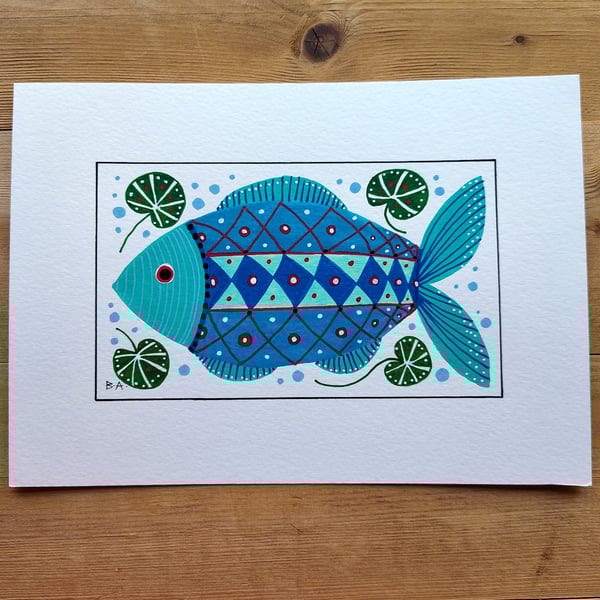 A5 colourful fish painting folk art original wall art blue fish artwork seaside