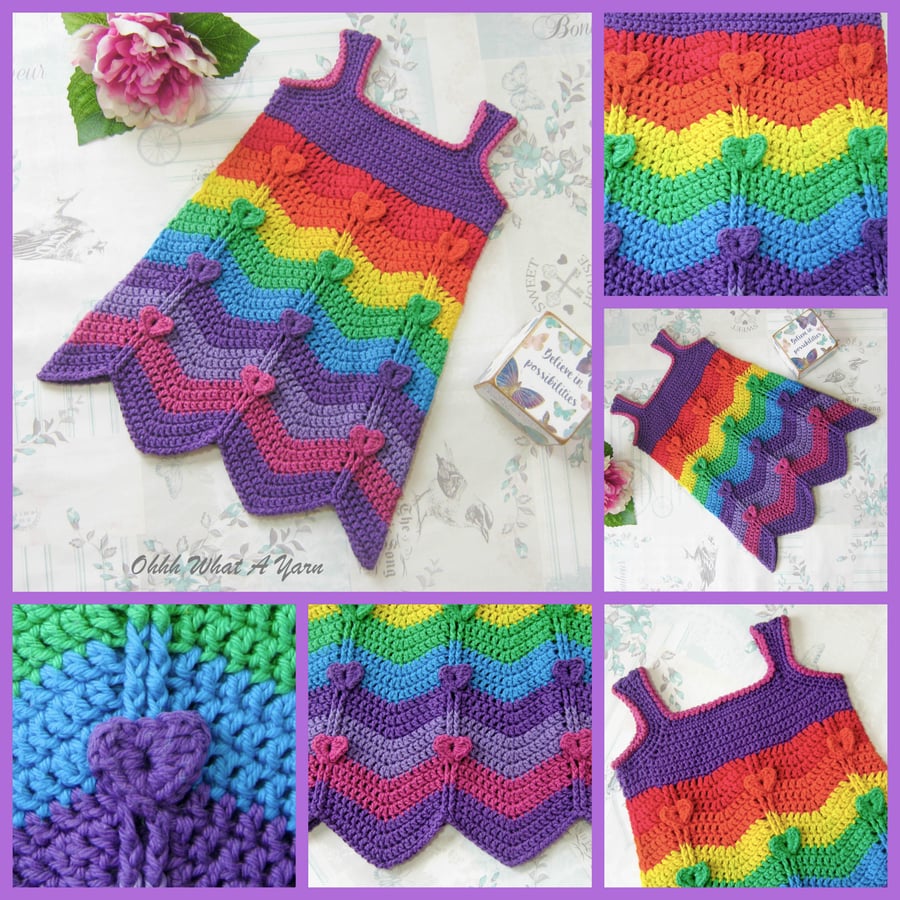 Rainbow zig zag and hearts baby dress. Crochet dress. Sun dress. 12-18 months