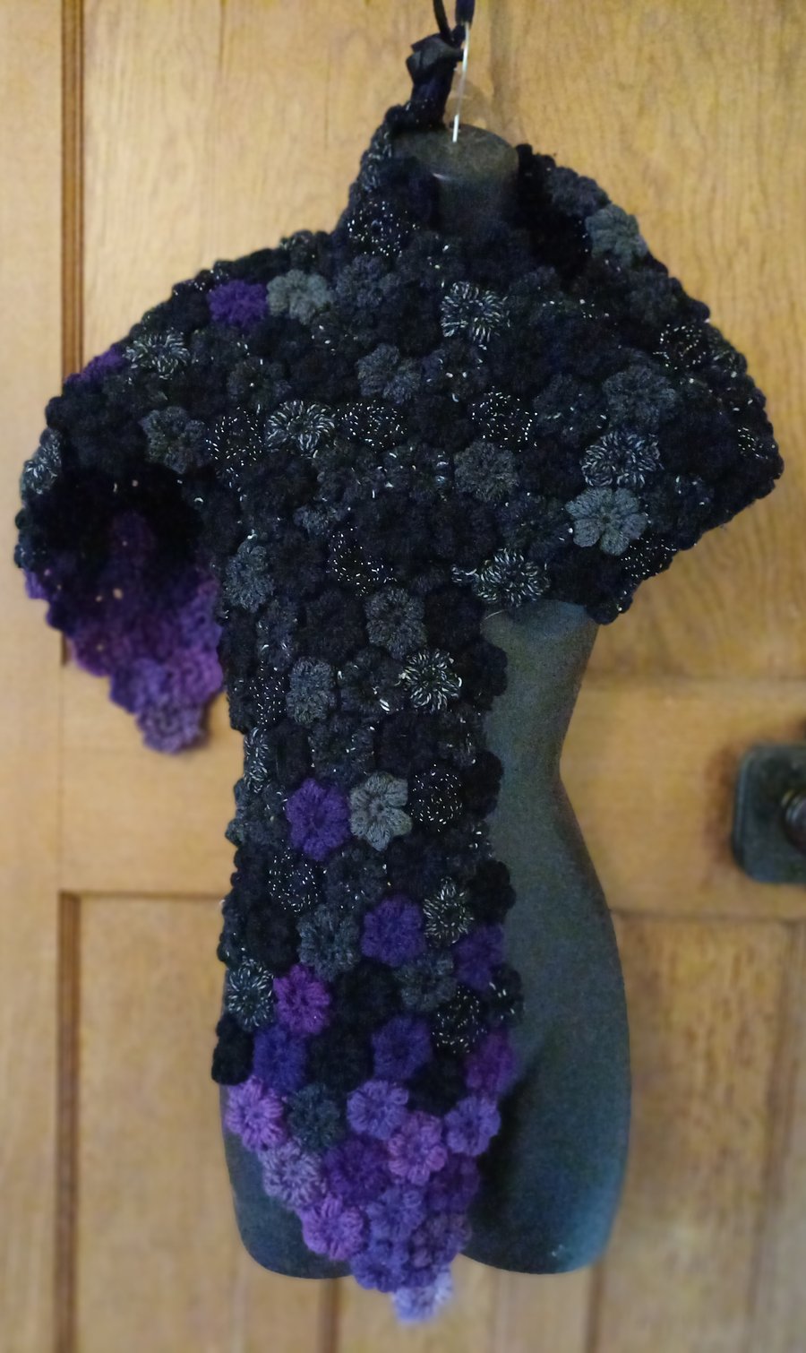 Hand Crocheted Scarf Black shading to Purple