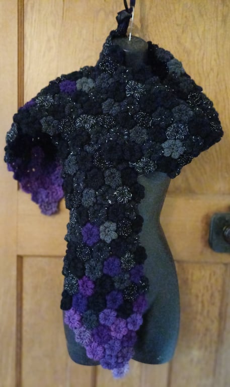 Hand Crocheted Scarf Black shading to Purple