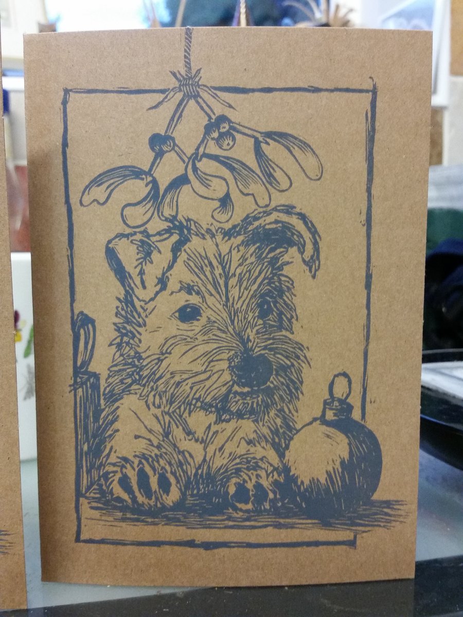 Original Linocut xmas card 'Christmas Wish'puppy and mistletoe (brown & grey)