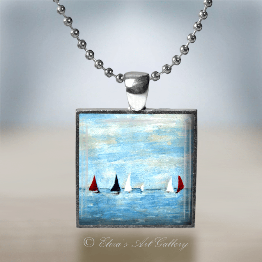Silver Plated Sailing Boats Art Pendant Necklace