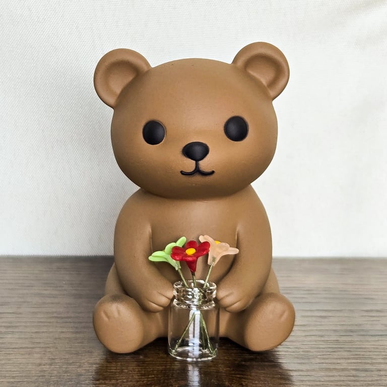 Bear Holding Vase Of Flowers Figurine - Cute Resin Sculpture - 3D Printed Decor 