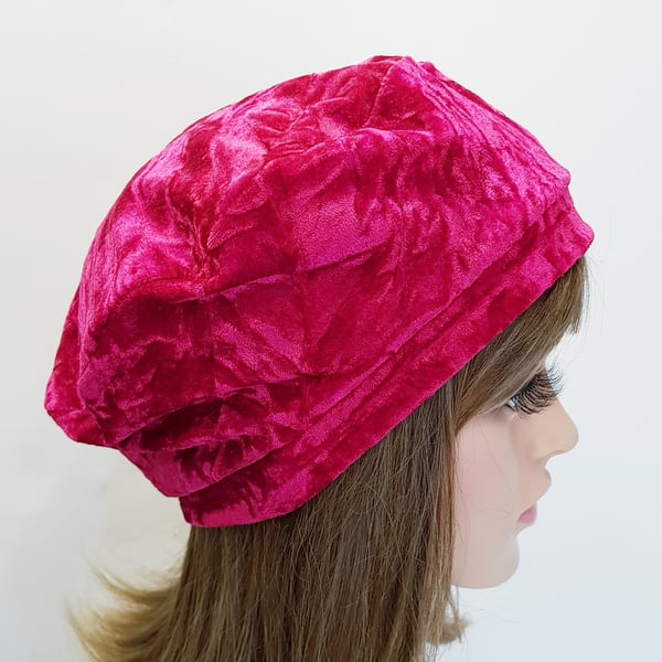 Red crushed velvet beret hat for women, lined tam, spring autumn all season hat