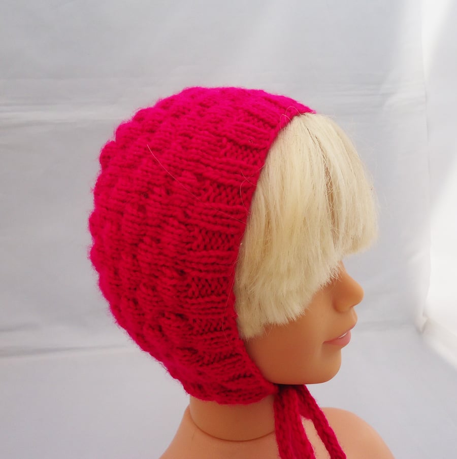 Baby Bonnet, Hand Knit Baby Bonnet in Hot Pink, Bubble Baby Bonnet