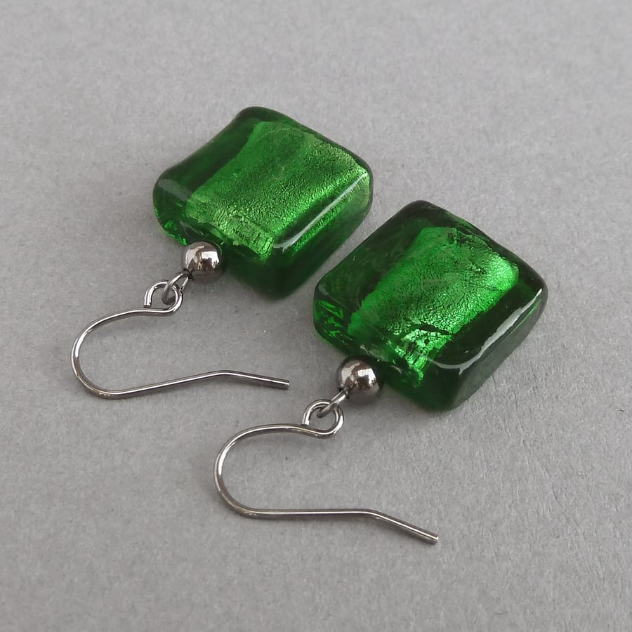 Green Fused Glass Earrings - Grass Green Dangly Earrings - Emerald Drop Earrings