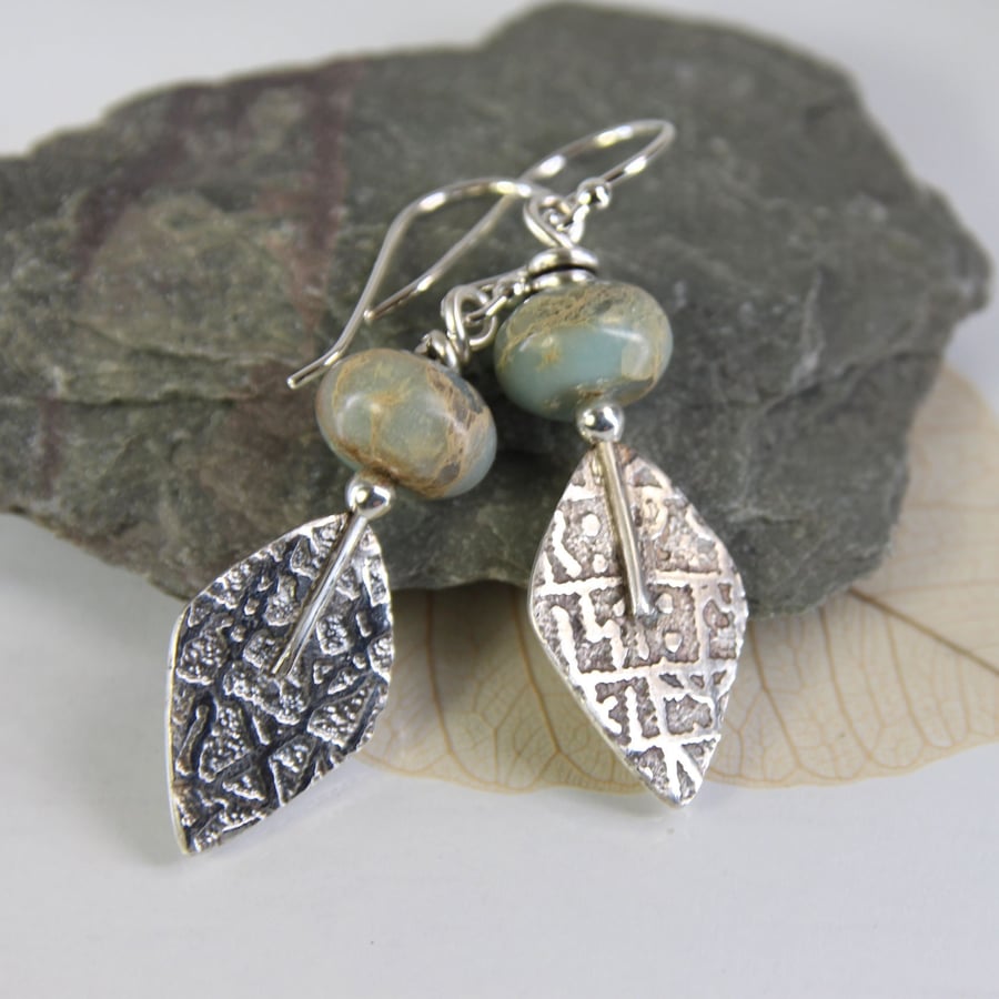 Silver Earrings with Rune Stone Fragments - Viking Relics with Seagreen Jasper