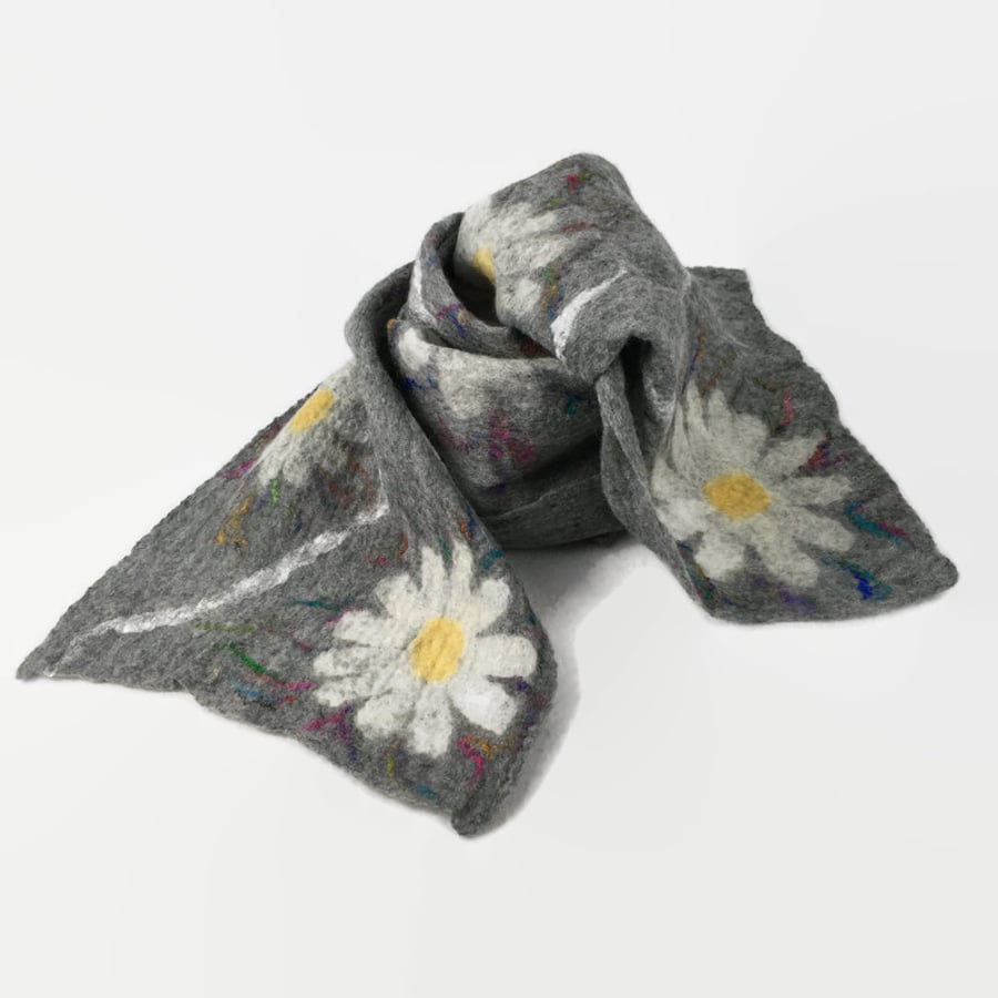 Felted scarf, grey with daisy design and multicoloured silk