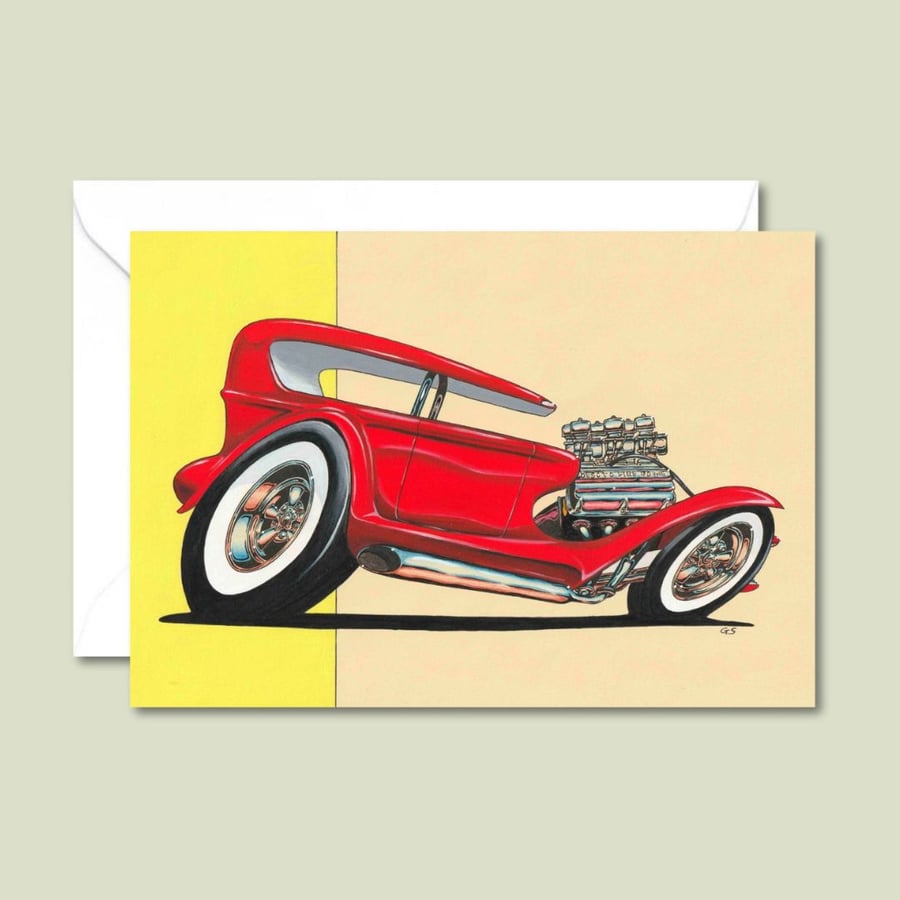 Red Show Car Card: American Classic Custom Illustration - Car Lover Birthday 