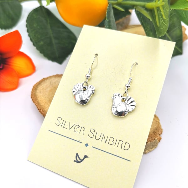Silver Chicken Earrings, Made with Sterling Silver Earring Hooks