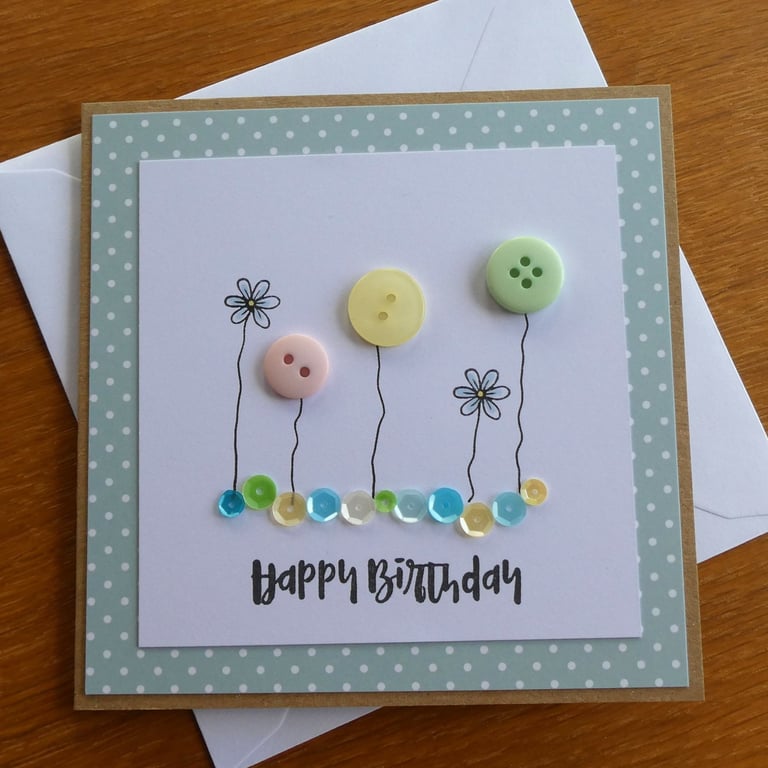 Birthday Card - Flowers, Hearts and Sequins - Kraft - Green