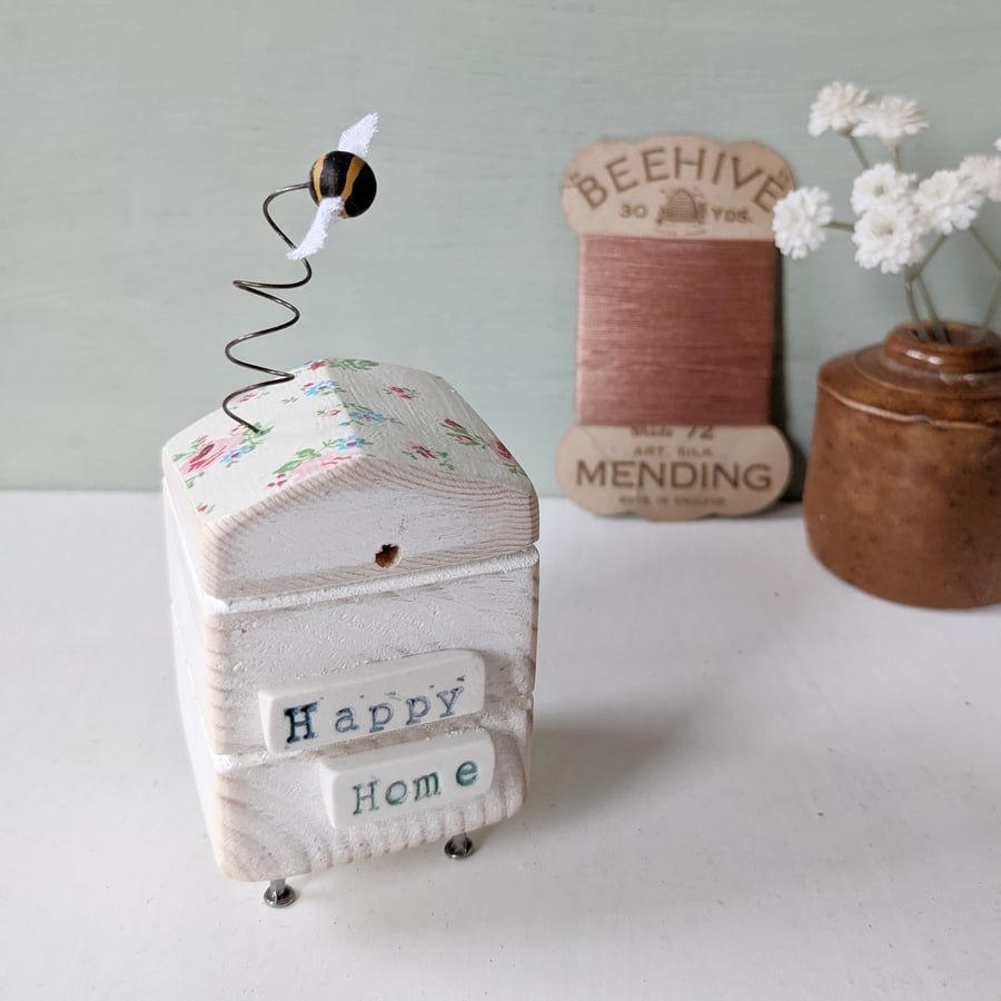 Wooden Beehive With Little Clay Bee 'Happy Home'