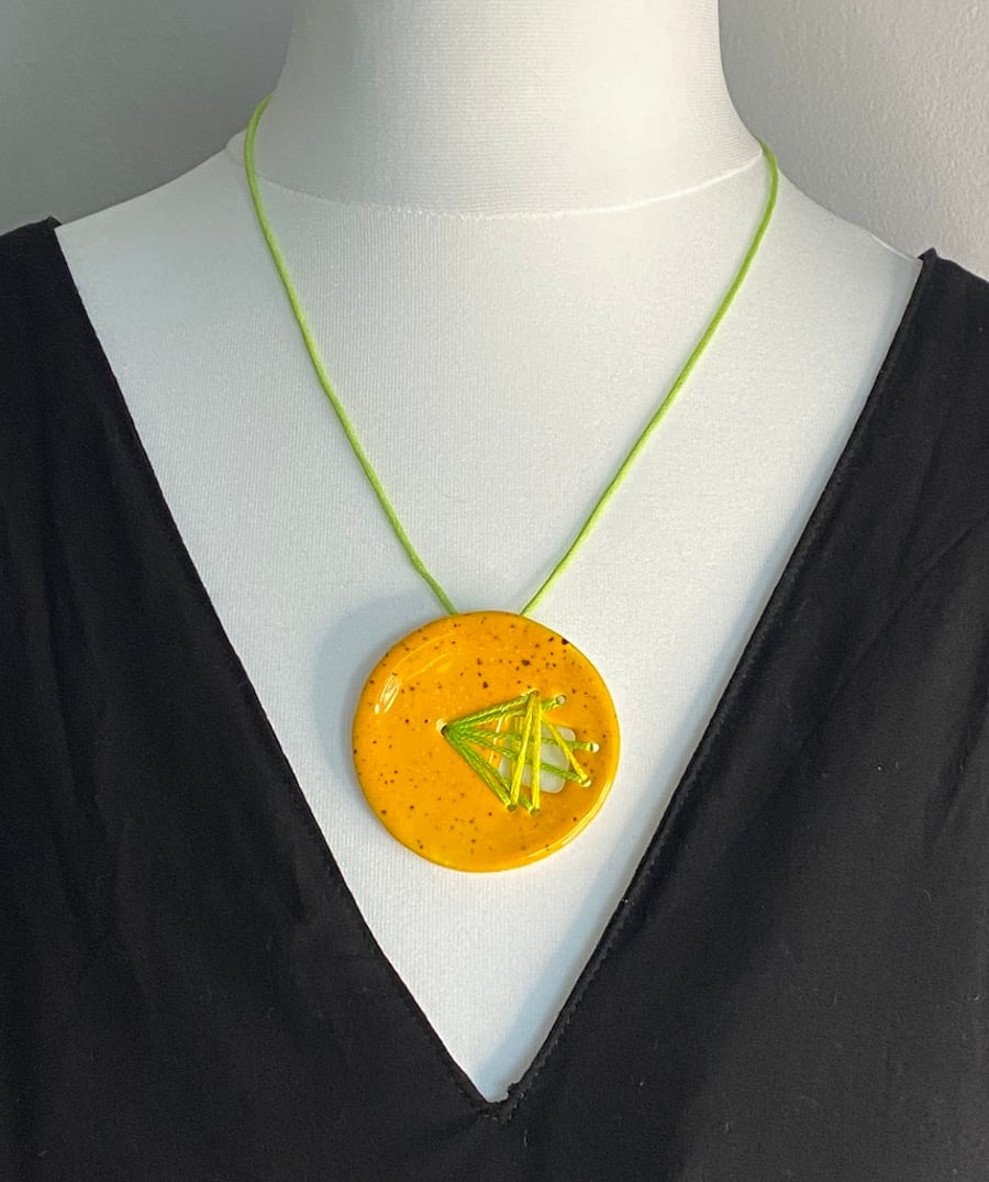 Handmade Ceramic Statement Stitched Pendant Necklace