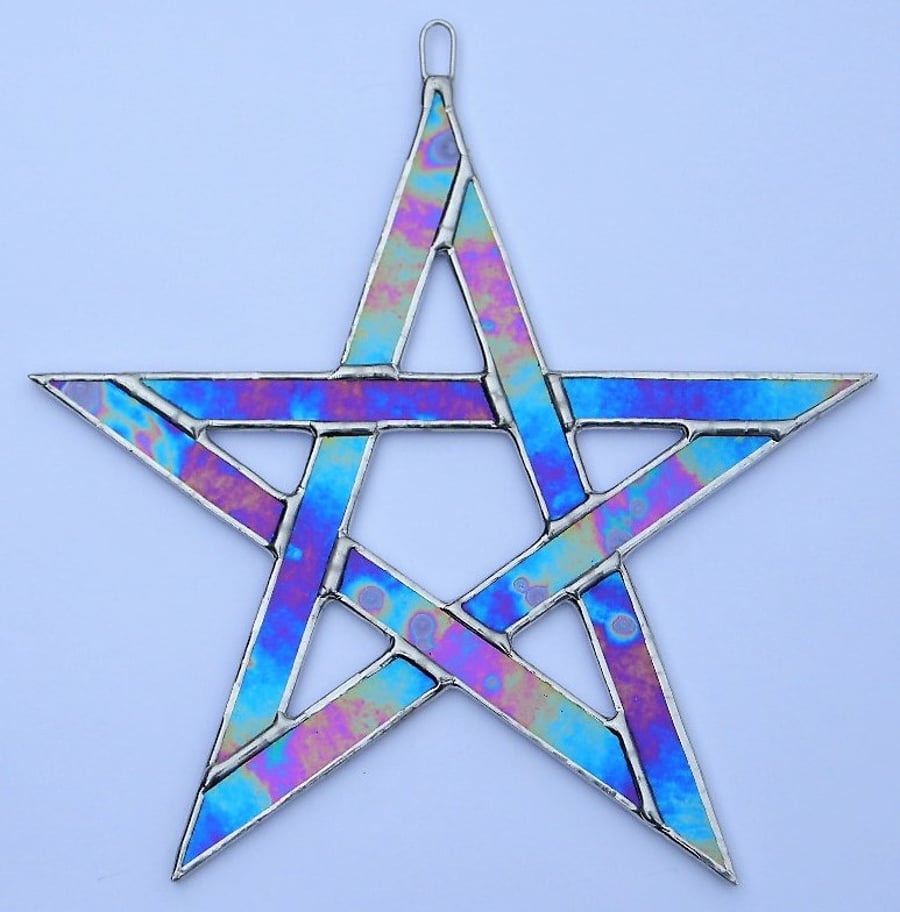 Stained Glass suncatcher Pentagram 5 pointed star cobalt blue iridescent glass