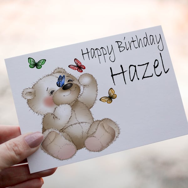 Bear & Butterfly Birthday Card, Card for Friend, Greeting Card, Cute Bear