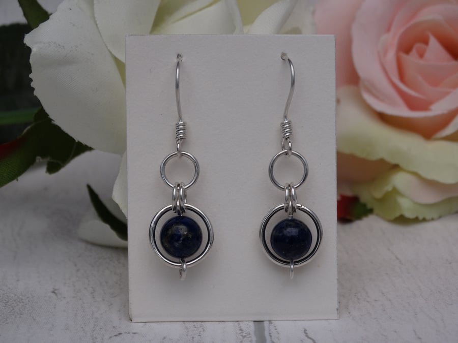 Lapis lazuli gemstone dangle earrings silver circles brow chakra truth