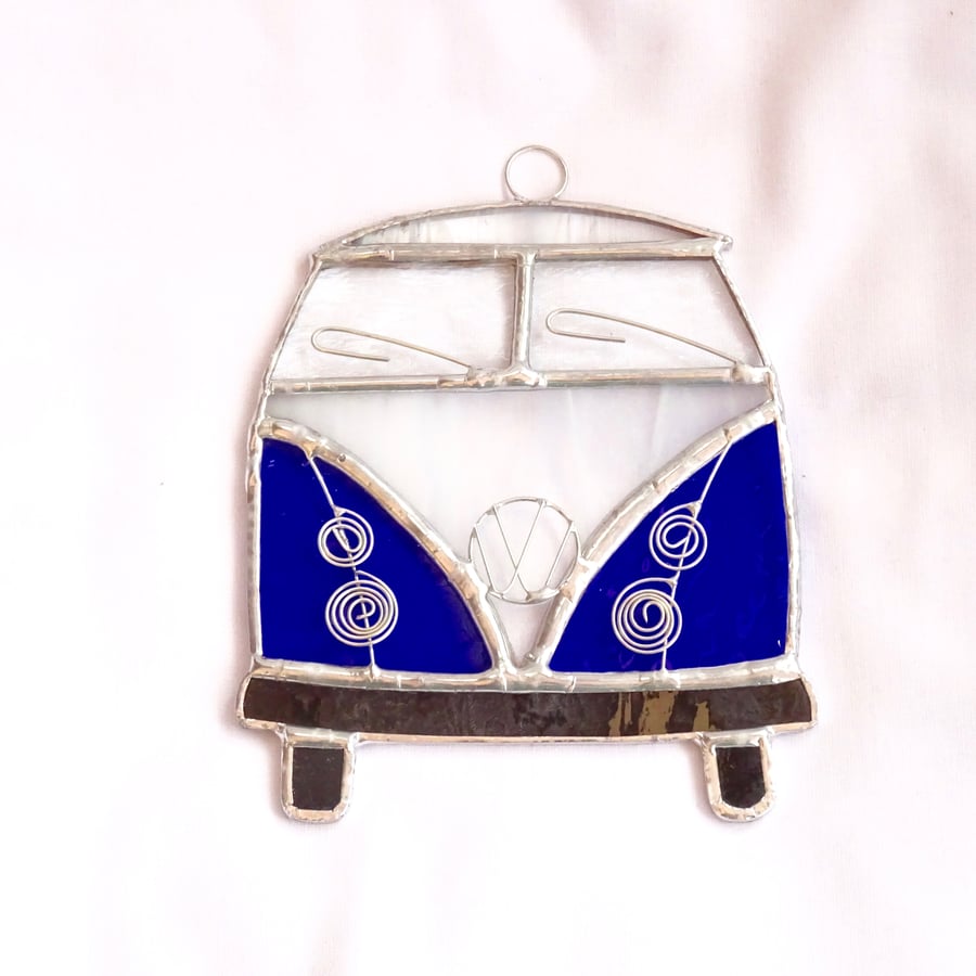 Stained Glass Camper Van Suncatcher - Handmade Decoration White and Blue