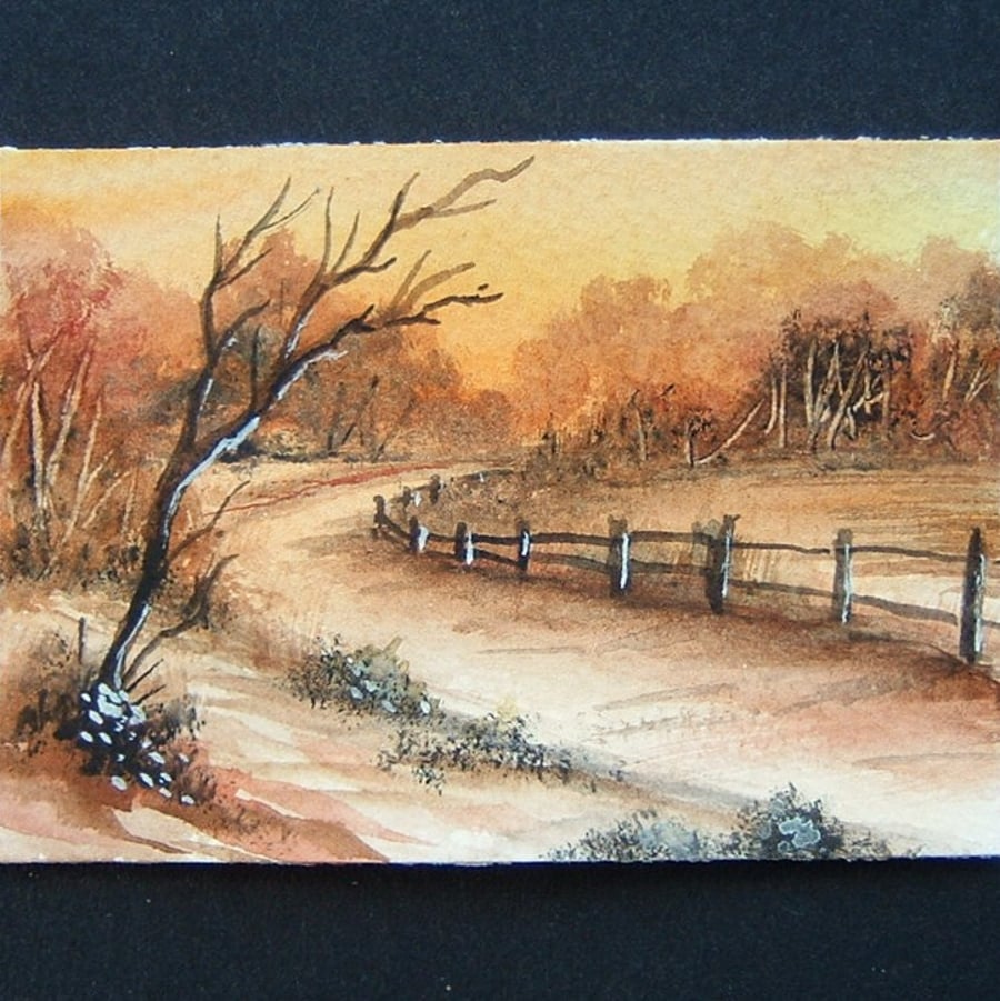 landscape watercolour art painting original aceo winter walk ref 193