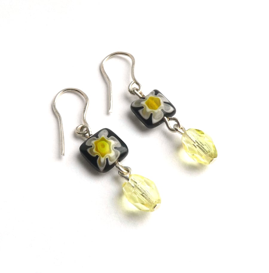 Black Millefiori and Lemon Faceted Glass Bead Earrings 