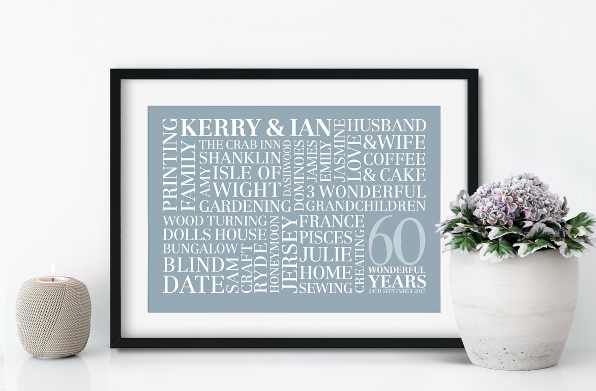 Personalised Diamond Anniversary Word Art - 60 years - AN602