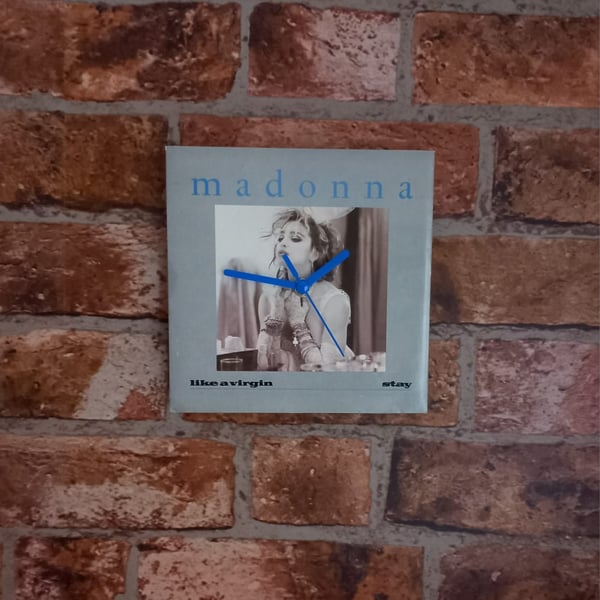 Upcycled record sleeve clock, 80s retro vinyl wall art, Madonna Like a Virgin
