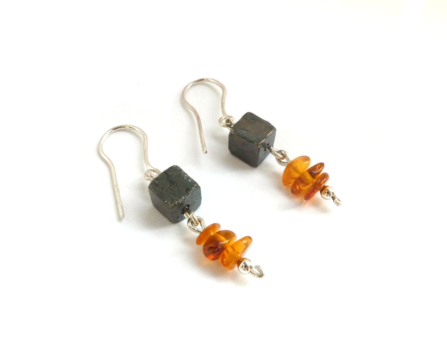 Pyrite Cube and Amber Bead Earrings 