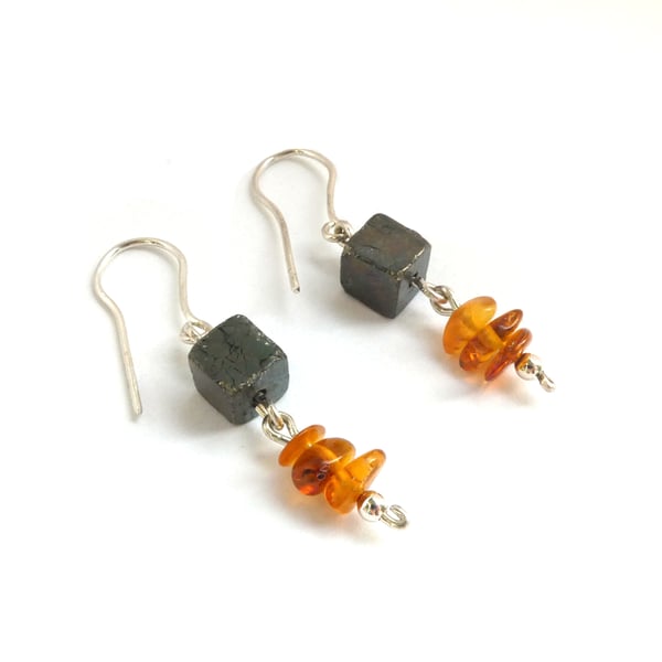 Pyrite Cube and Amber Bead Earrings 