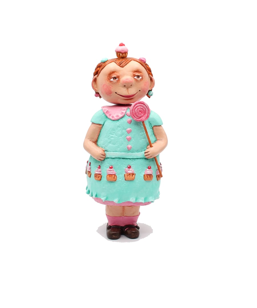 Handmade Art Doll girl with Lollipop-Whimsical Figurine-OOAK