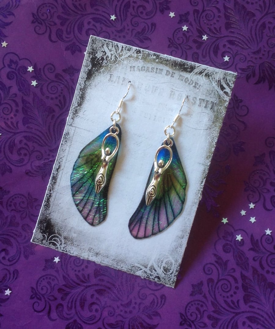 Blue and Green Goddess Mackintosh Fairy Wing Sterling Silver Earrings