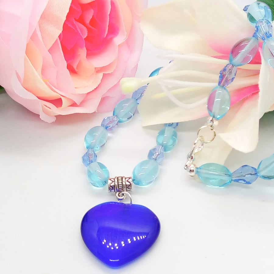 Cobalt Blue Glass Heart Pendant on a Blue Glass Bead and Crystal Necklace