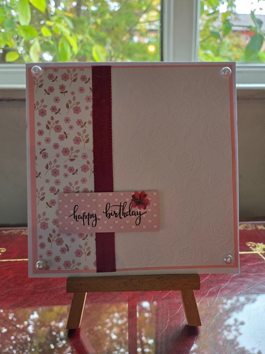 pink flower embossed 'happy birthday' card