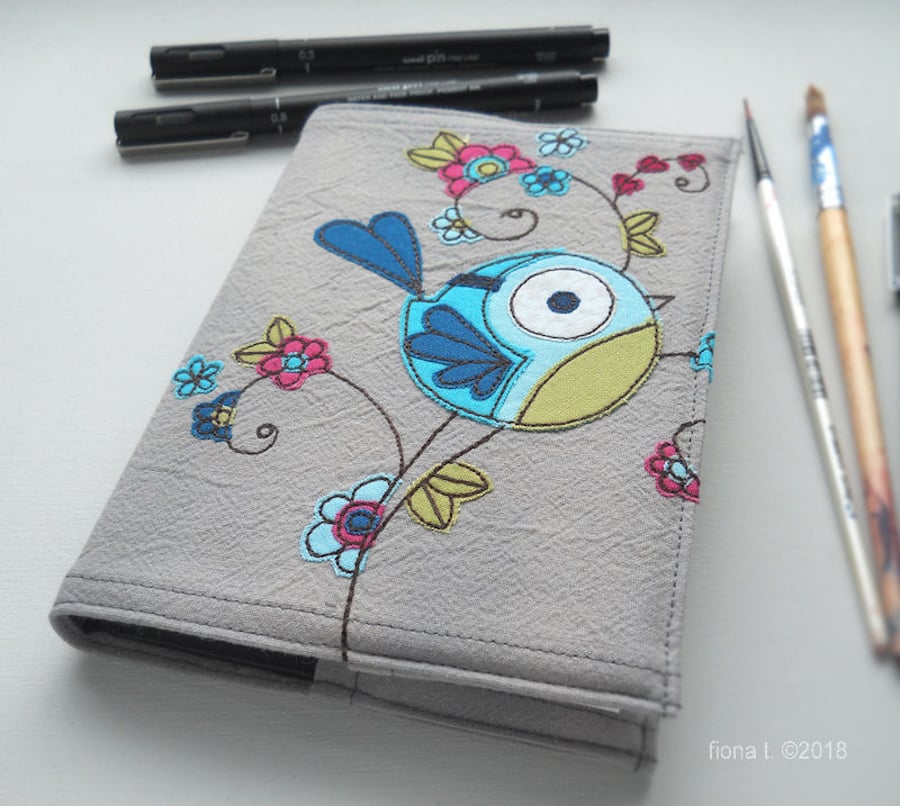 freehand embroidered floral bluebird notebook A6 sketchbook