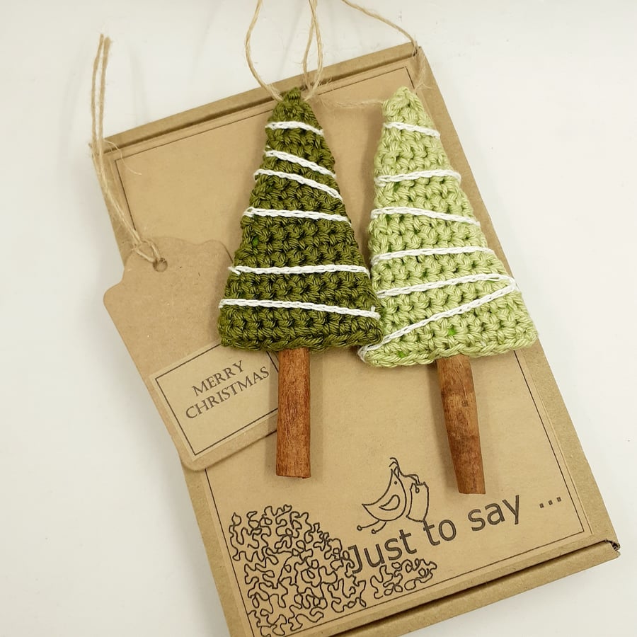 Crochet Tree Decorations with Cinnamon Trunks -  Alternative to a Christmas Card