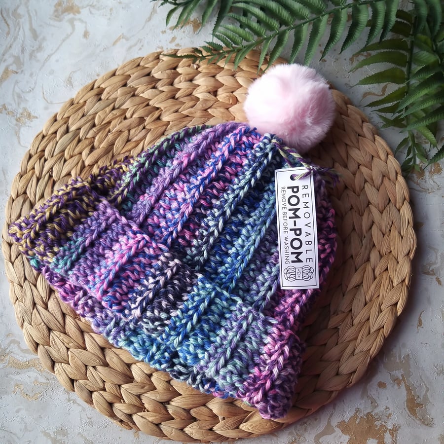 Crochet Hat Beanie Faux Fur Pompom Chunky Rainbow Yarn
