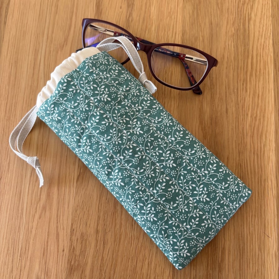 Glasses case, sunglasses pouch, padded, with drawstring,  in green floral cotton