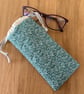 Glasses case, sunglasses pouch, padded, with drawstring,  in green floral cotton