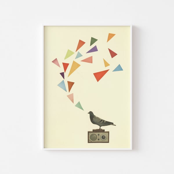 Retro Bird Art Print - Pigeon Radio