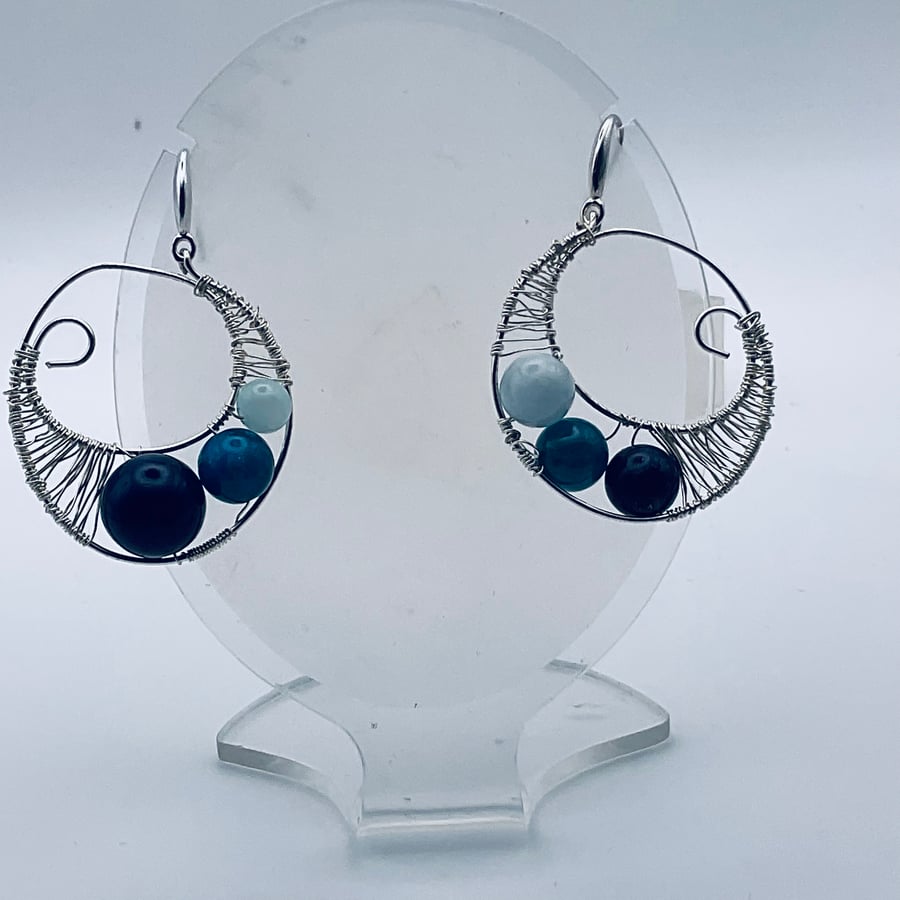 Beautiful blue agate hoop earrings in silver