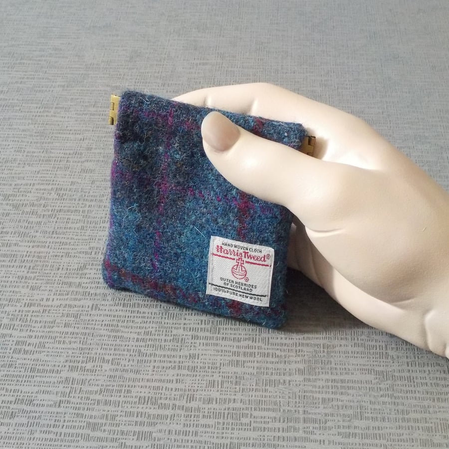 Harris tweed coin purse pocket change flex top purse blue purple gift for men