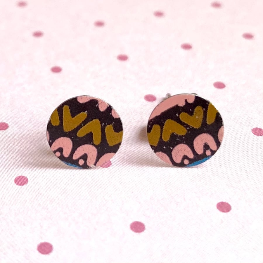 Recycled tin pink, gold & black patterned circle stud earrings