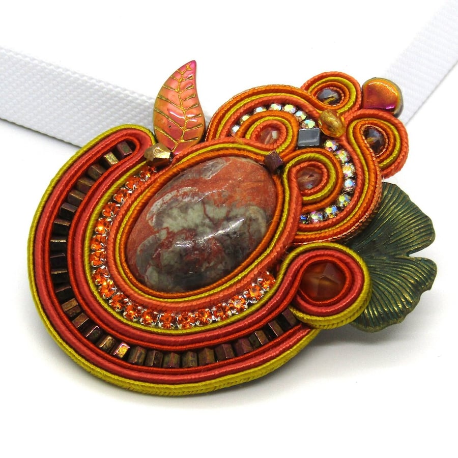 Orange Soutache Brooch Landscape Jasper Statement Brooch Handmade Textile Brooch