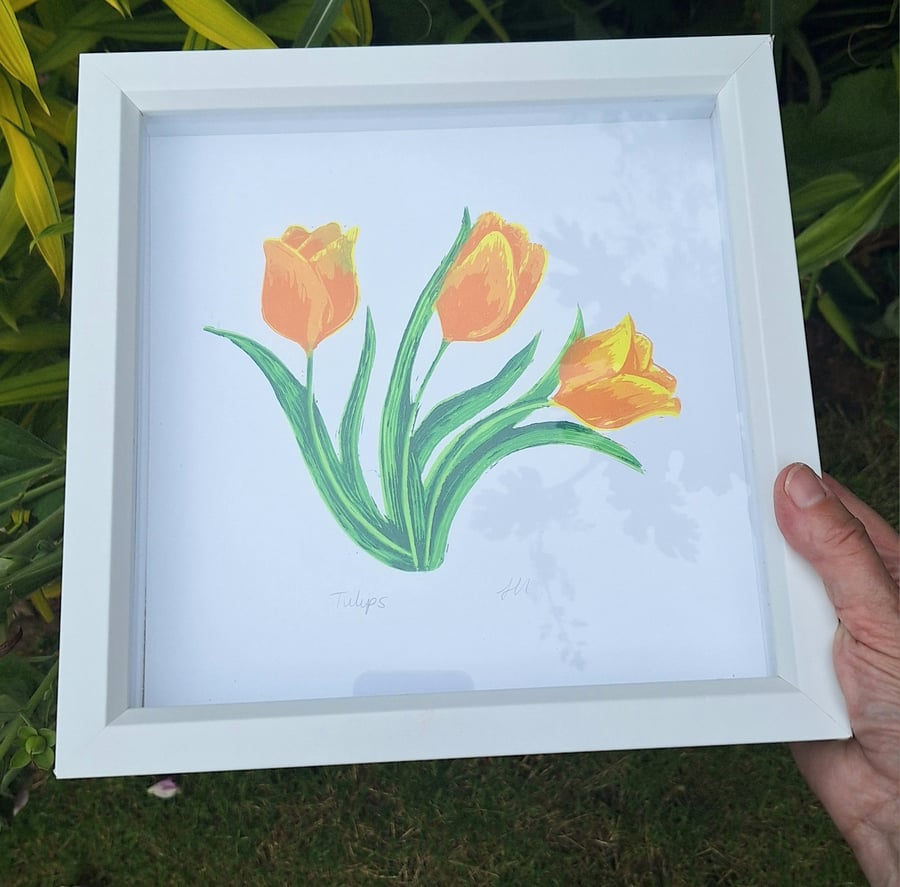 An original handprinted linoprint of a colourful tulips. 'Tulips.' 
